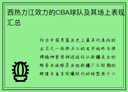 西热力江效力的CBA球队及其场上表现汇总